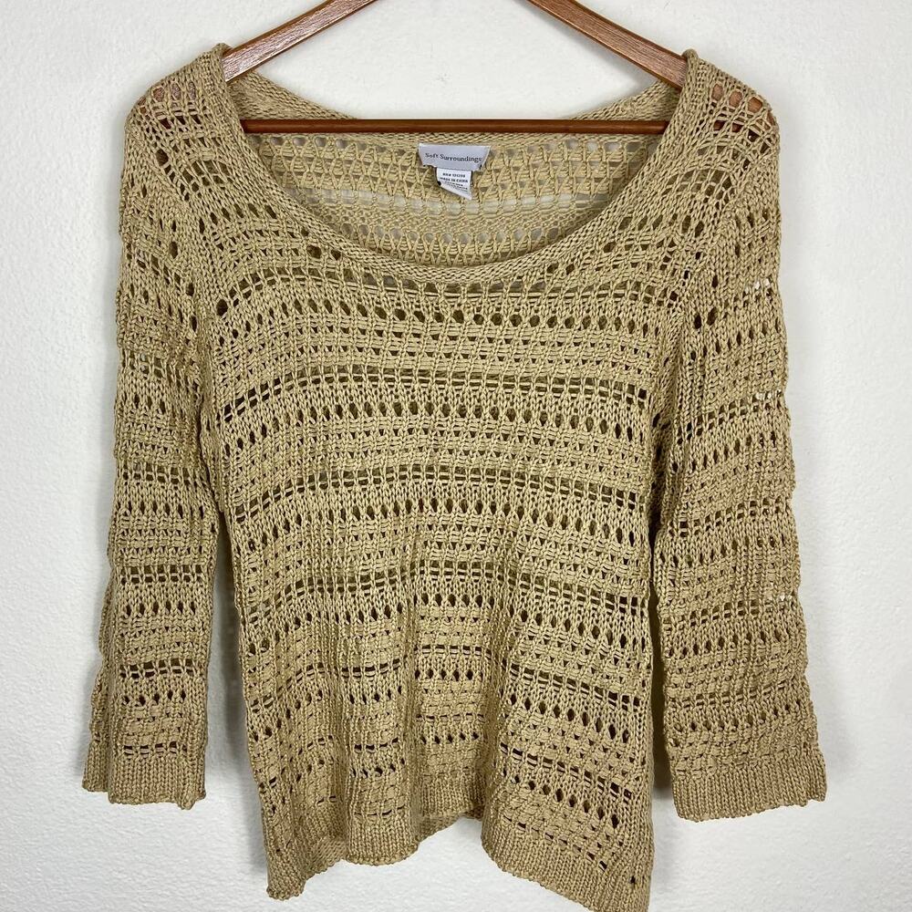 Soft Surroundings Crochet Knit Sweater Size M Beige Tan Openwork Roll Neck